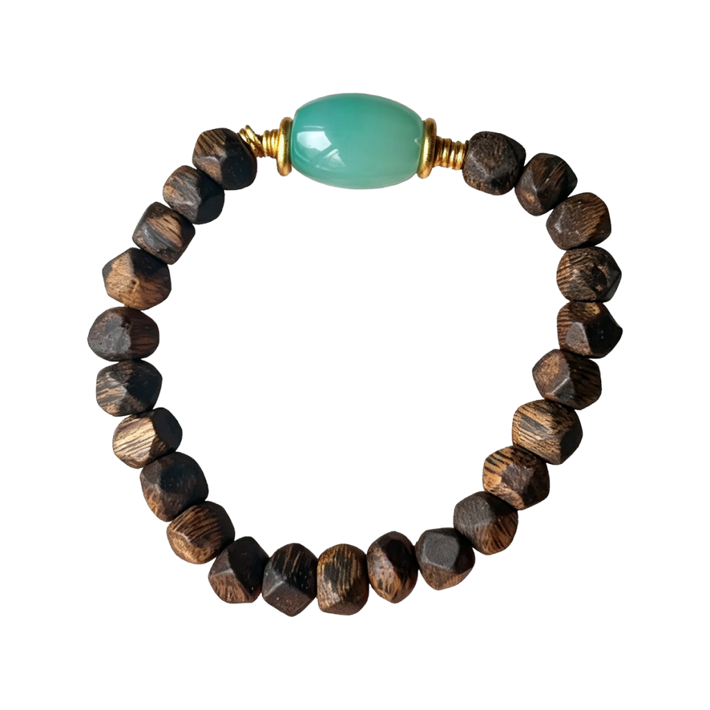 Faceted Agarwood Bead Bracelet with Green Chalcedony Barrel