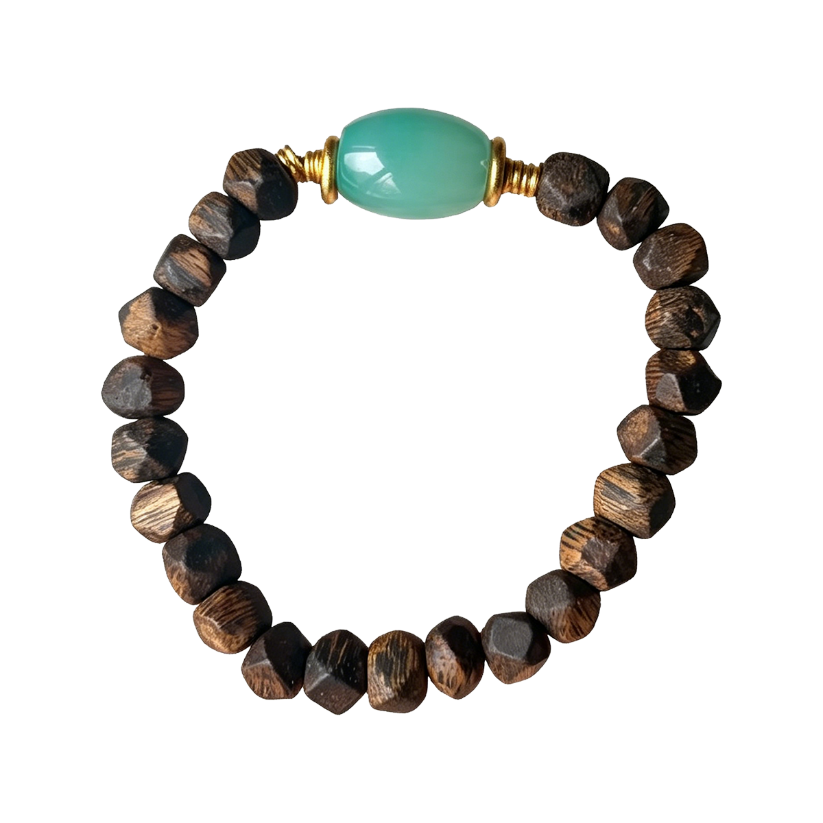 Faceted Agarwood Bead Bracelet with Green Chalcedony Barrel - 图片 1