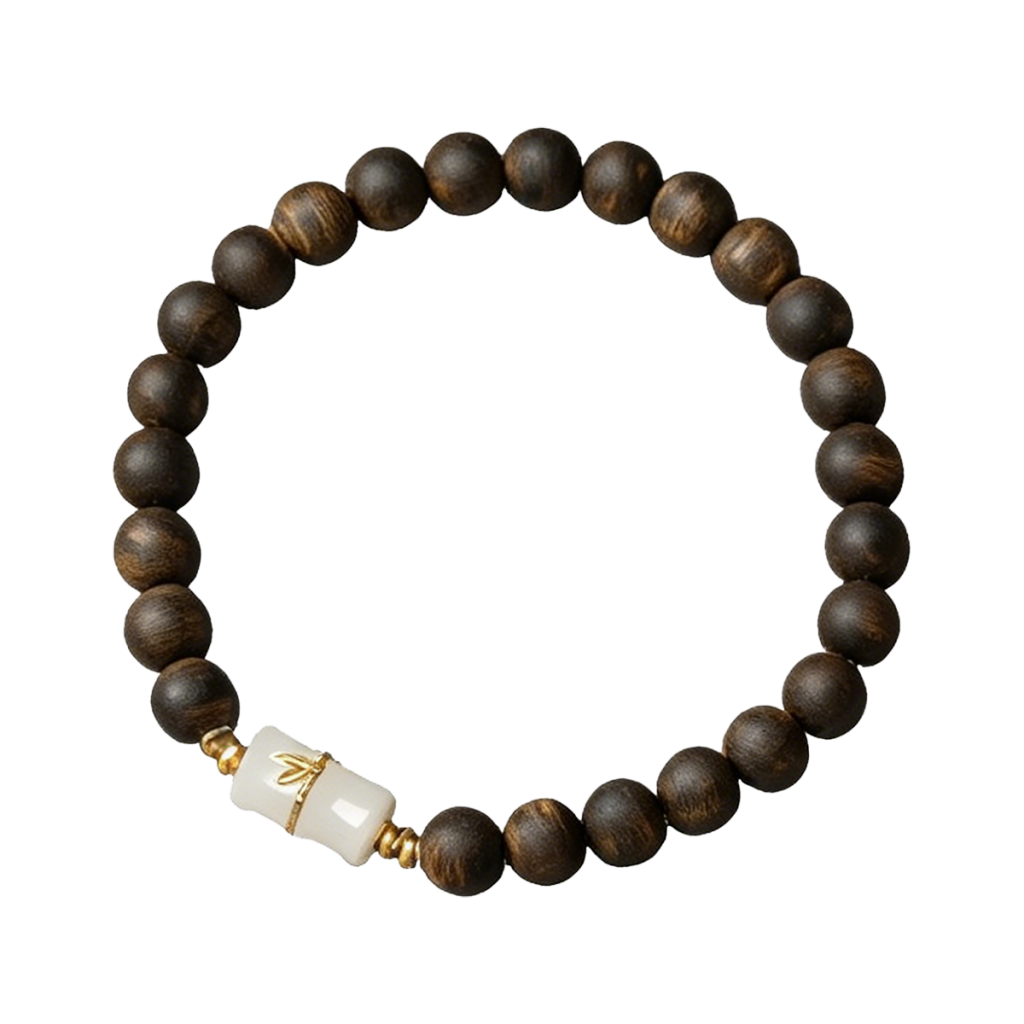 Round Agarwood Bracelet with White Jade Bamboo Accent