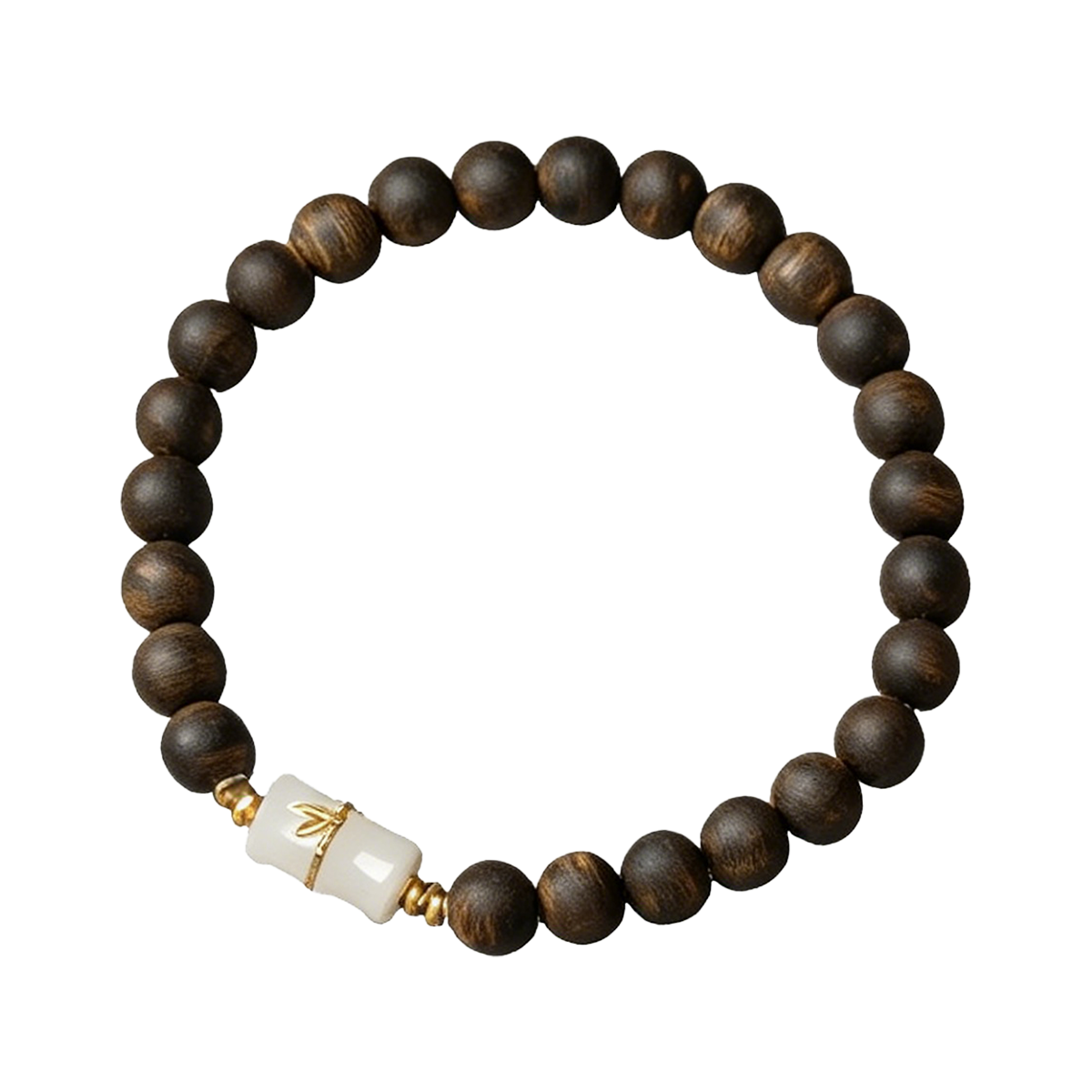 Round Agarwood Bracelet with White Jade Bamboo Accent - 图片 1